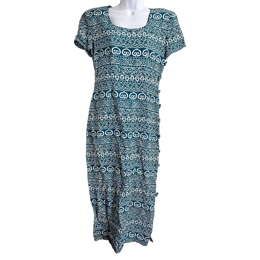 Vintage Maggy London Turquoise Maxi‎ Dress Size 6 Geometric Short Sleeve